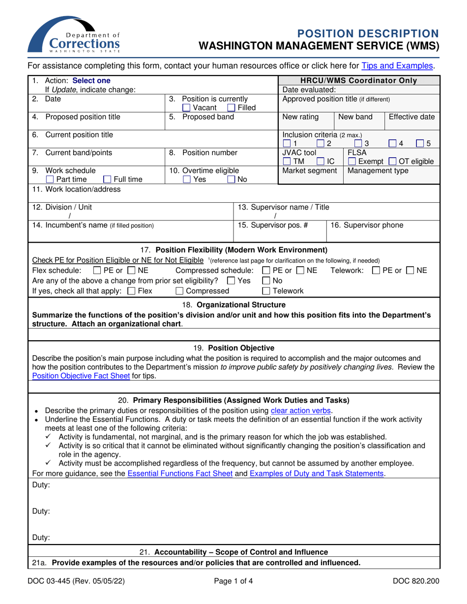 Form DOC03-445 Position Description - Washington Management Service (Wms) - Washington, Page 1