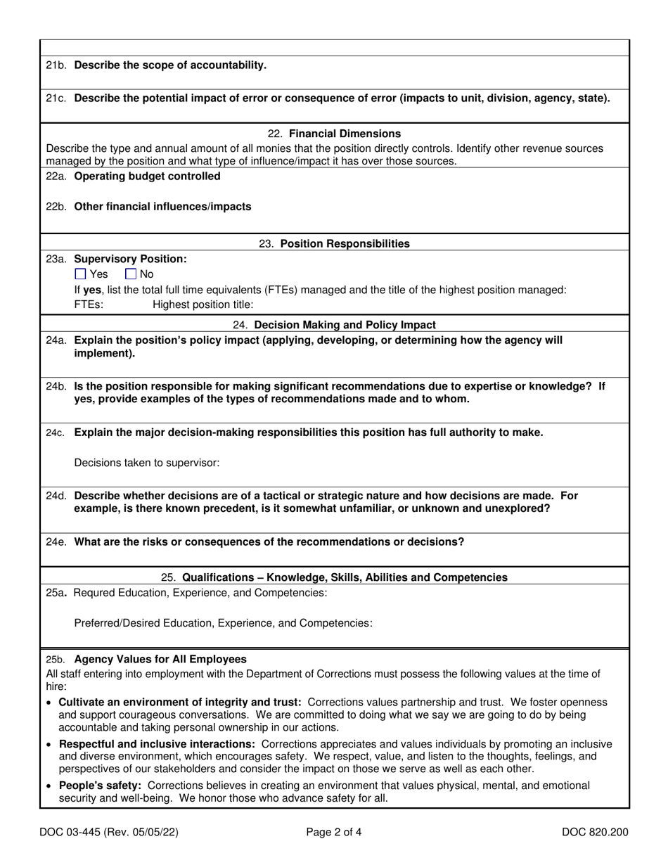 Form DOC03-445 Position Description - Washington Management Service (Wms) - Washington, Page 2