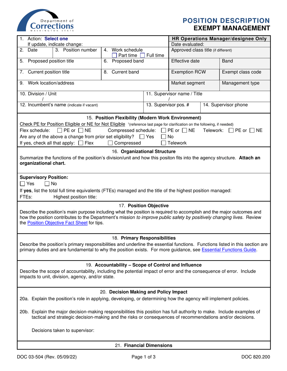 Form DOC03-504 Position Description - Exempt Management - Washington, Page 1