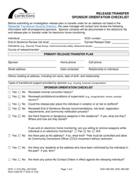 Form DOC11-012 Release/Transfer Sponsor Orientation Checklist - Washington
