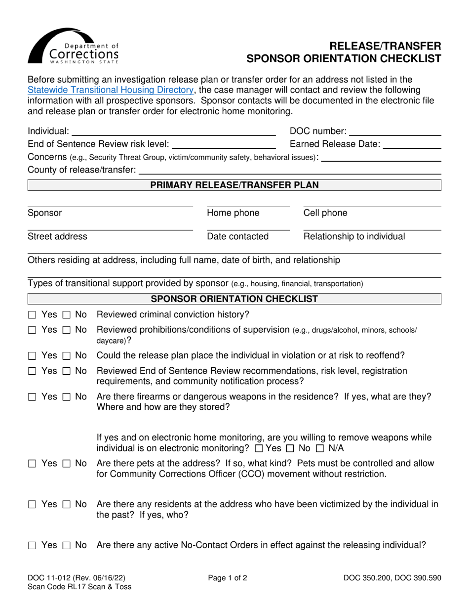 Form DOC11-012 Release / Transfer Sponsor Orientation Checklist - Washington, Page 1