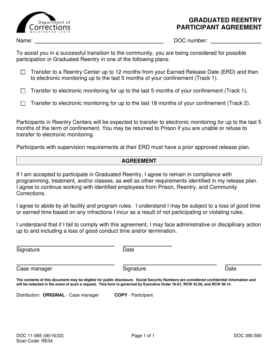 Form DOC11-065 Graduated Reentry Participant Agreement - Washington, Page 1