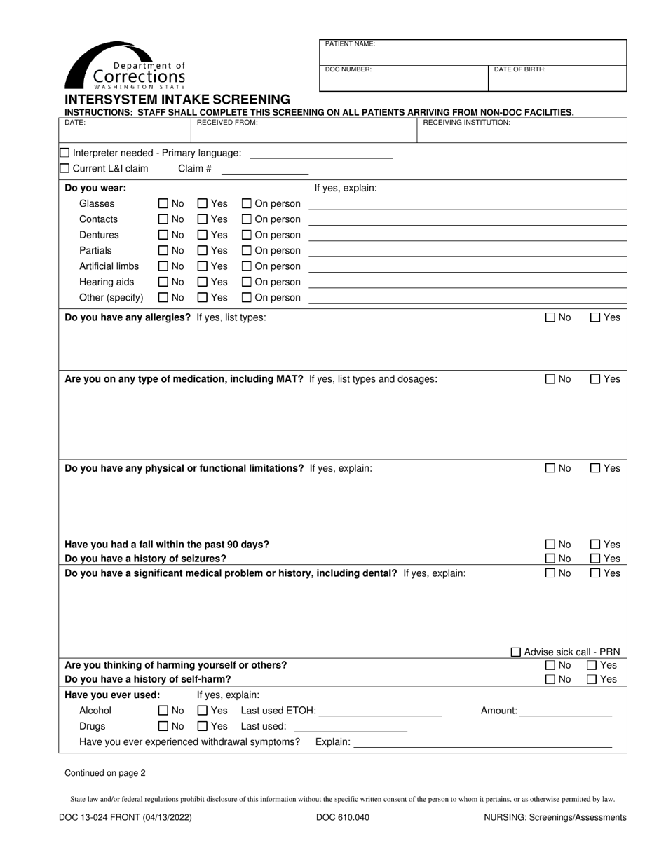 Form DOC13-024 Intersystem Intake Screening - Washington, Page 1