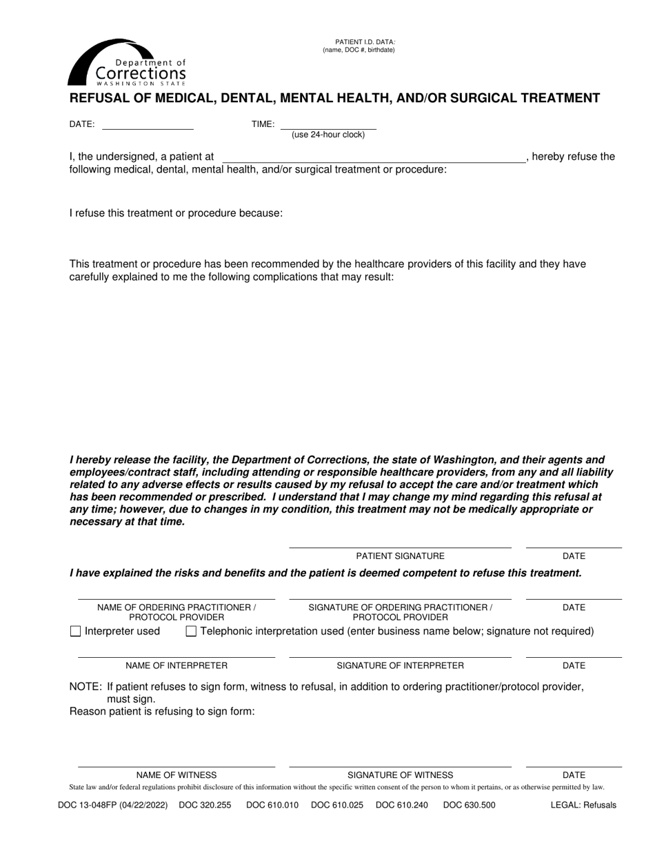 Form DOC13-048FP Refusal of Medical, Dental, Mental Health, and / or Surgical Treatment - Washington, Page 1