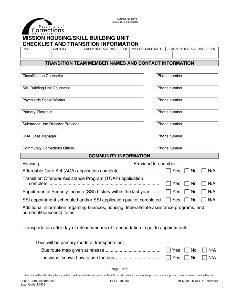 Form DOC13-084 Mission Housing / Skill Building Unit Transition Plan - Washington, Page 3