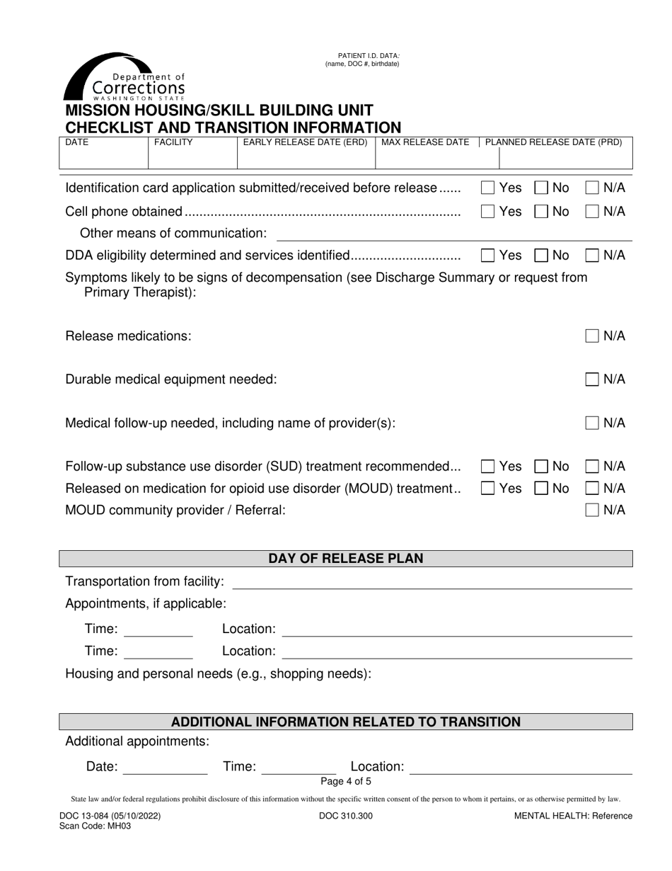 Form DOC13-084 Mission Housing / Skill Building Unit Transition Plan - Washington, Page 4