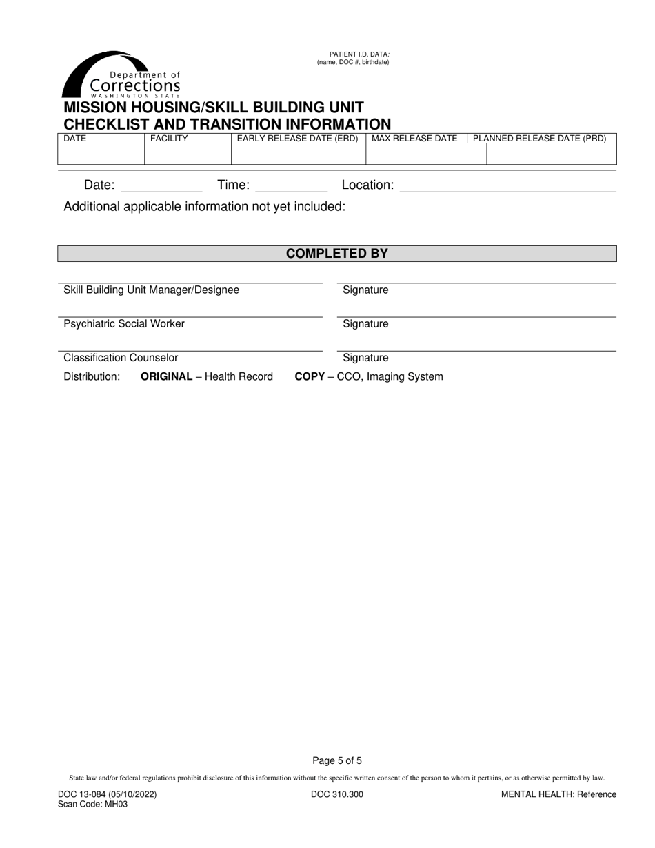Form DOC13-084 Mission Housing / Skill Building Unit Transition Plan - Washington, Page 5