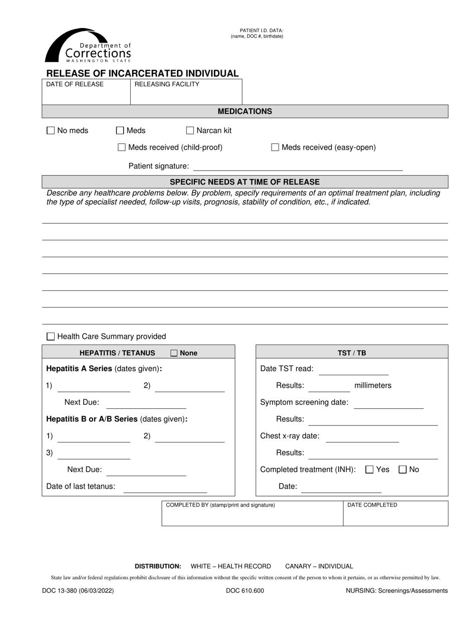 Form DOC13-380 Download Printable PDF or Fill Online Release of ...