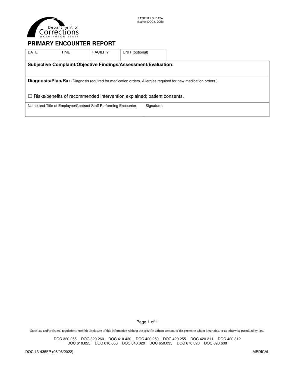 Form DOC13-435FP Primary Encounter Report - Washington, Page 1