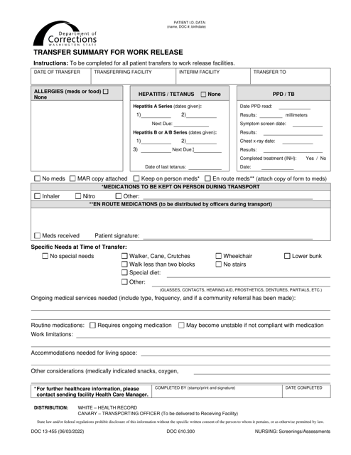 Form DOC13-455 Transfer Summary for Work Release - Washington