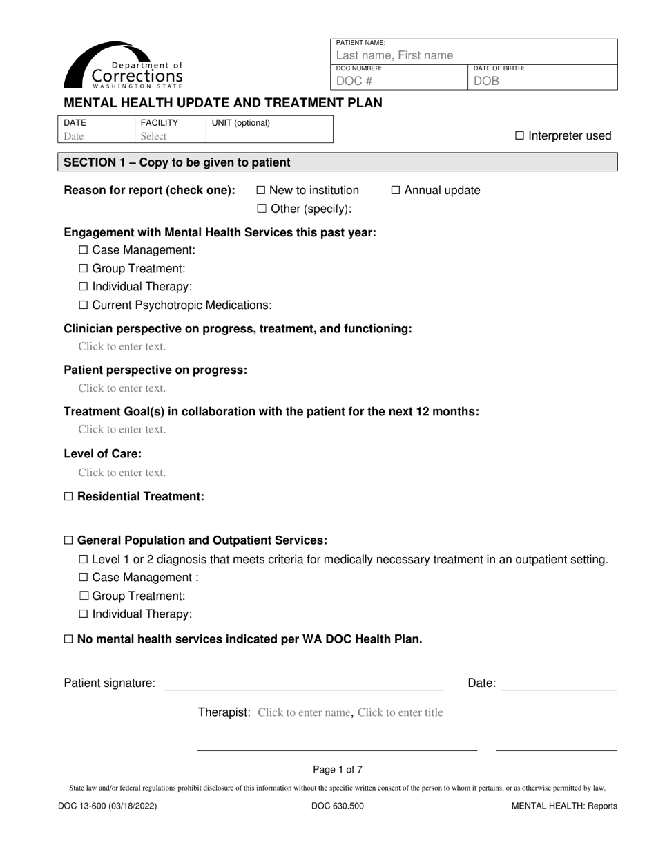 Form DOC13-600 Mental Health Update and Treatment Plan - Washington, Page 1