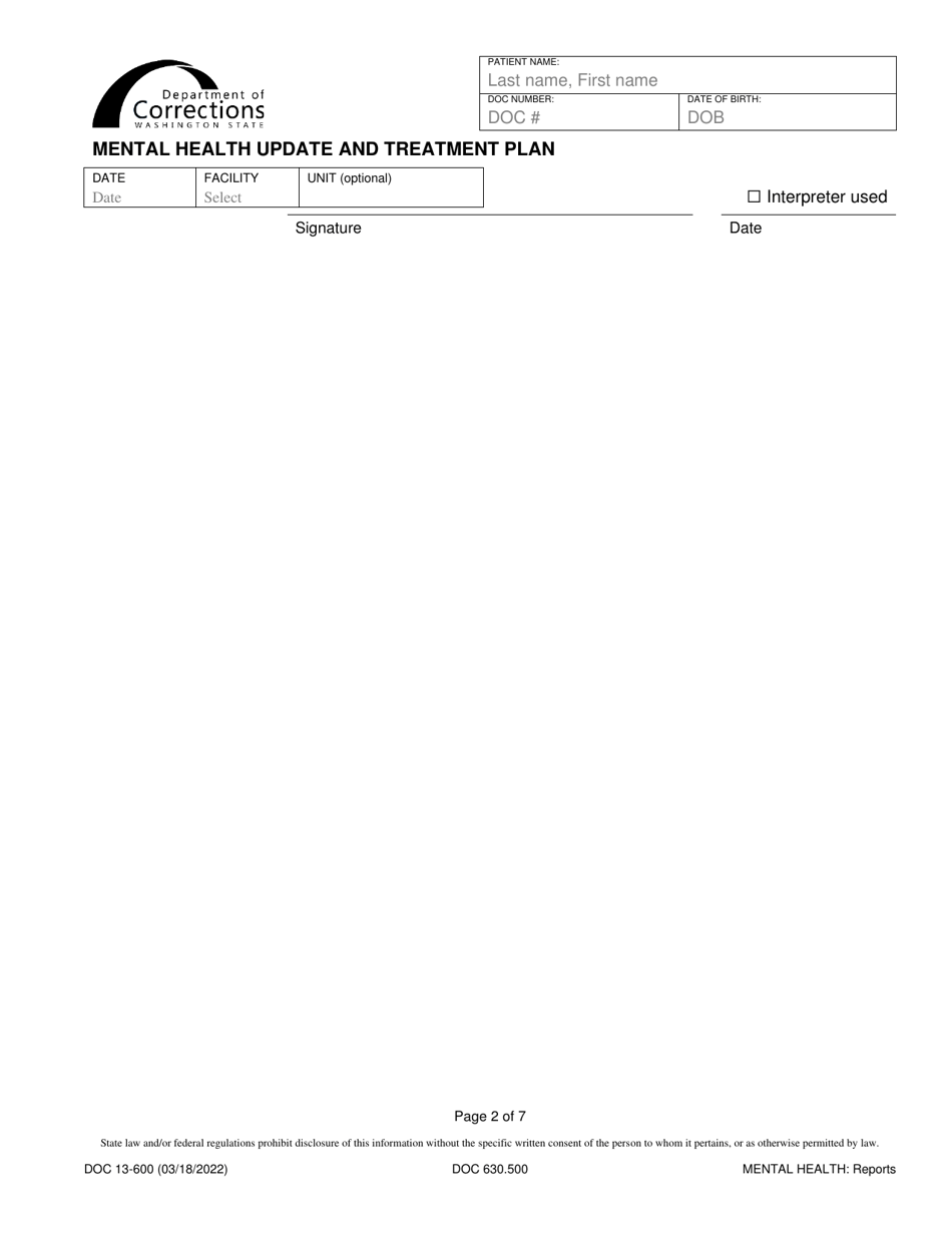 Form DOC13-600 Mental Health Update and Treatment Plan - Washington, Page 2