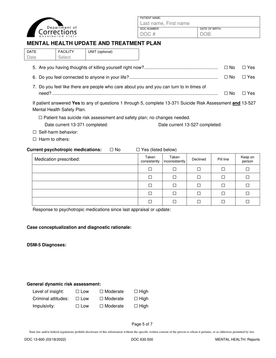 Form DOC13-600 Mental Health Update and Treatment Plan - Washington, Page 5