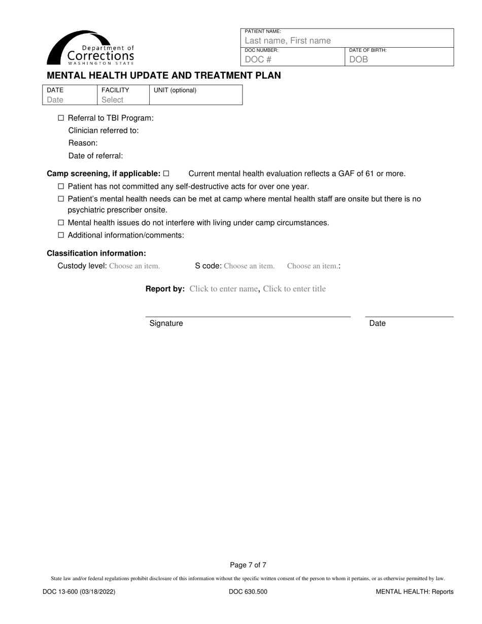 Form DOC13-600 Mental Health Update and Treatment Plan - Washington, Page 7