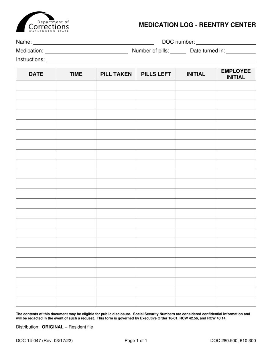 Form DOC14-047 Medication Log - Reentry Center - Washington, Page 1