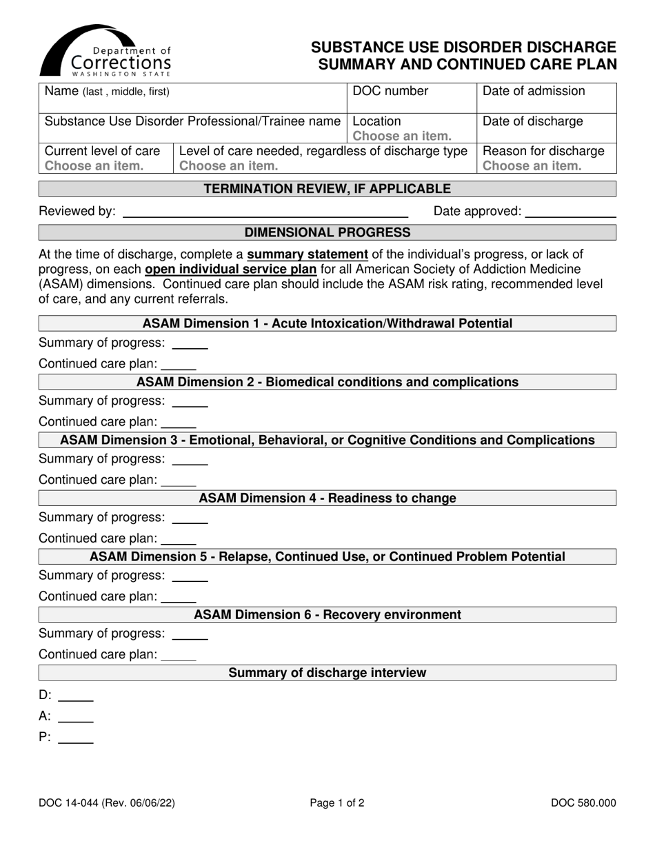 Form DOC14-044 Substance Use Disorder Discharge Summary and Continued Care Plan - Washington, Page 1