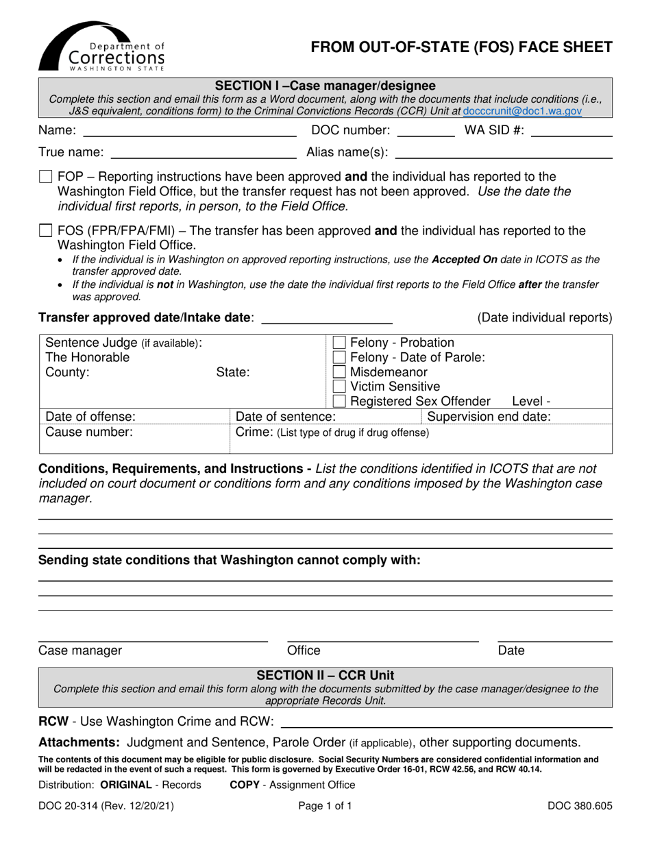 Form DOC20-314 From Out-of-State (Fos) Face Sheet - Washington, Page 1