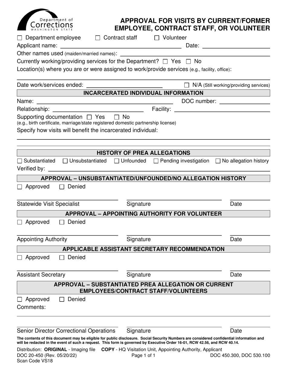 Form DOC20-450 Approval for Visits by Current / Former Employee, Contract Staff, or Volunteer - Washington, Page 1