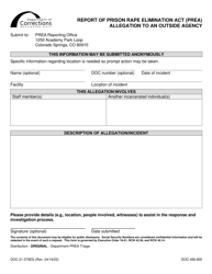 Document preview: Form DOC21-379ES Report of Prison Rape Elimination Act (Prea) Allegation to an Outside Agency - Washington (English/Spanish)