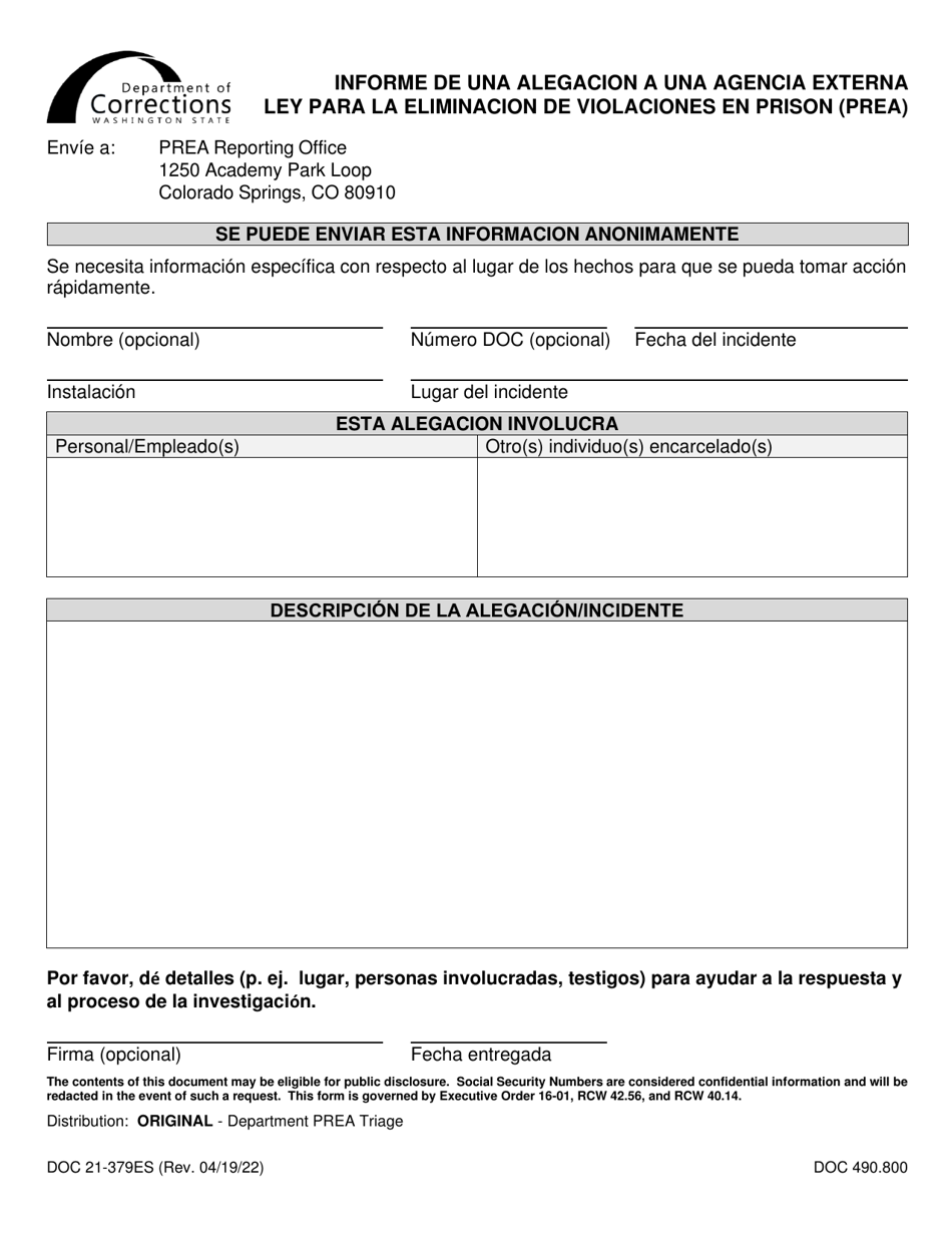 Form DOC21-379ES Report of Prison Rape Elimination Act (Prea) Allegation to an Outside Agency - Washington (English / Spanish), Page 2