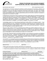 Document preview: Form DOC21-421ES Prison Telephone Use Acknowledgment - Washington (English/Spanish)