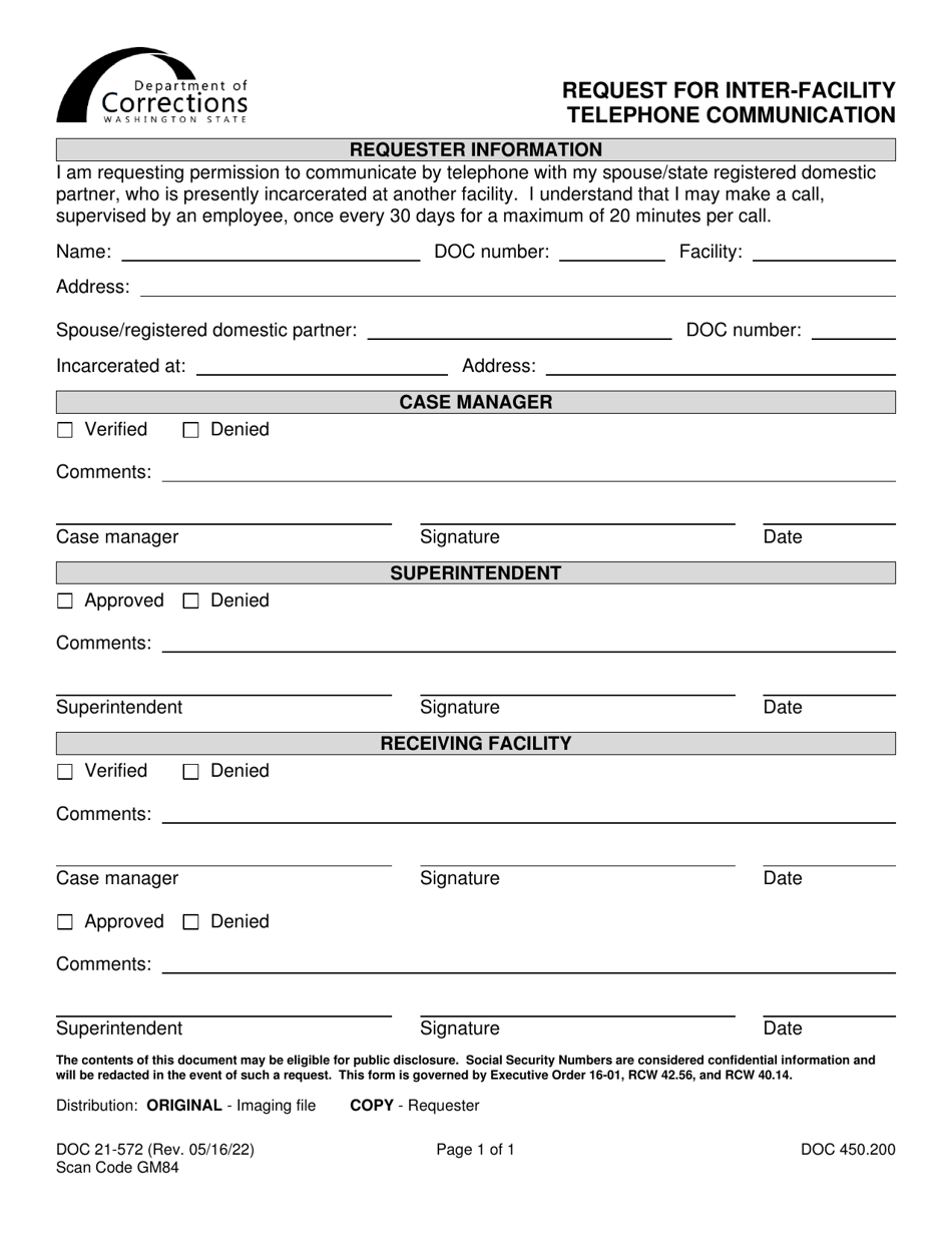 Form DOC21-572 Request for Inter-Facility Telephone Communication - Washington, Page 1