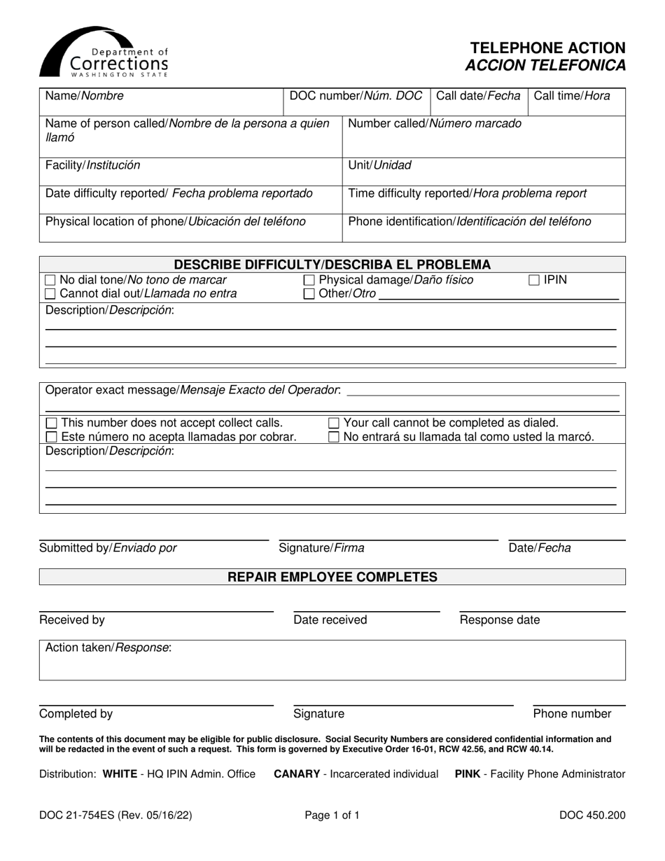 Form DOC21-754ES Telephone Action - Washington (English / Spanish), Page 1