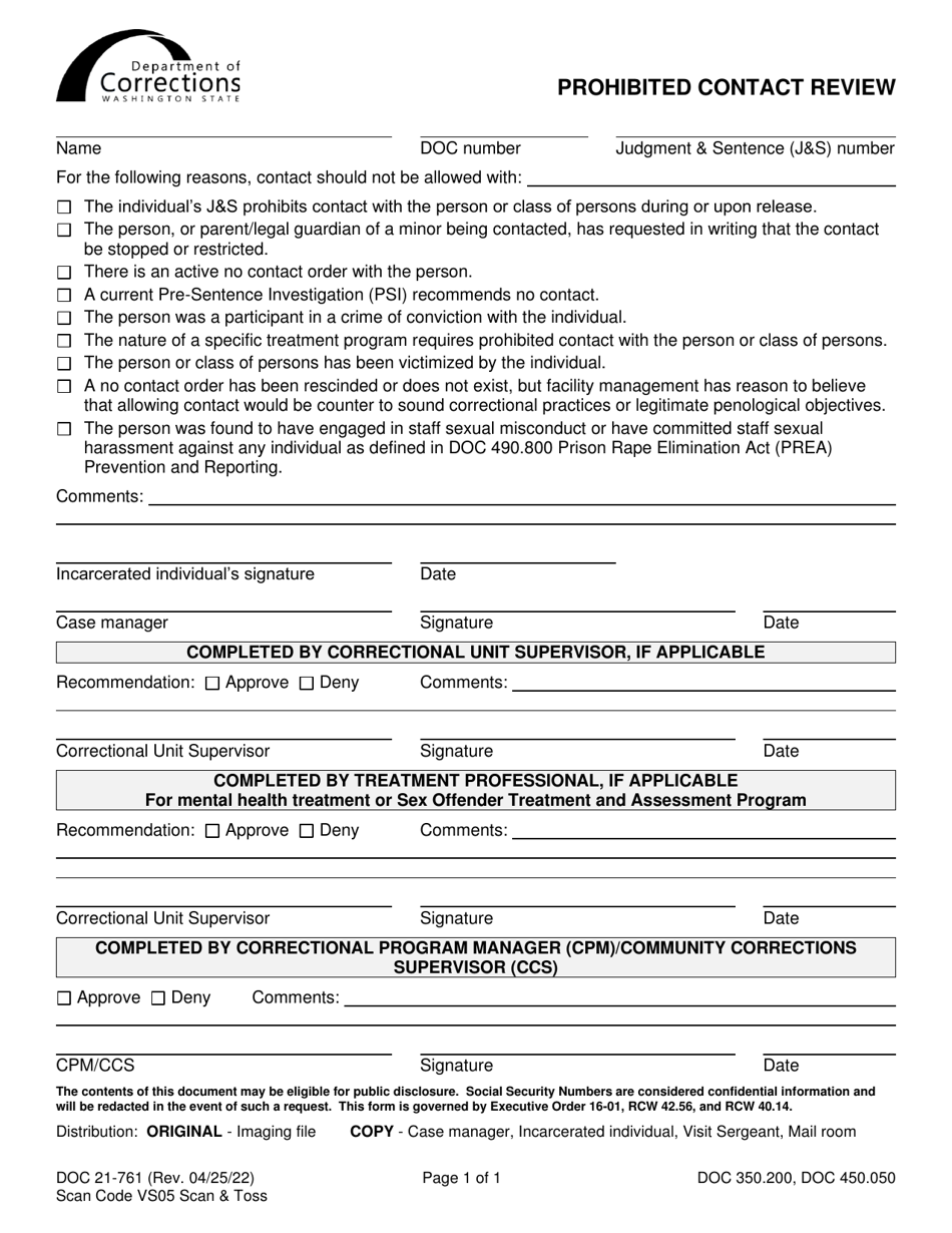 Form DOC21-761 Prohibited Contact Review - Washington, Page 1