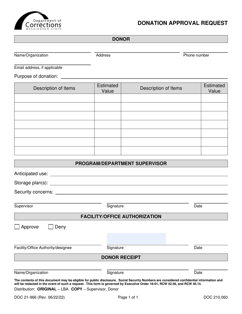 Form DOC21-966 Donation Approval Request - Washington, Page 1