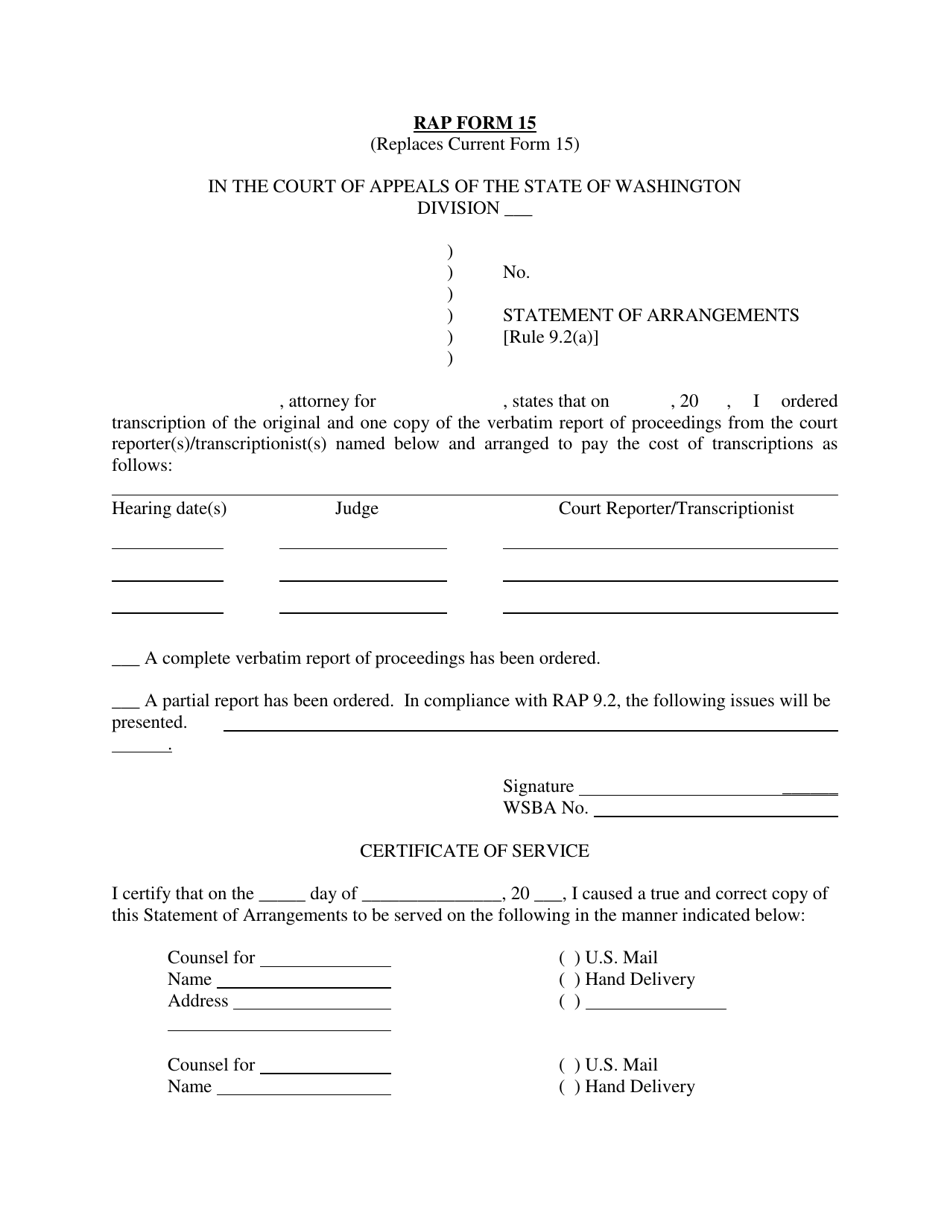 RAP Form 15 Statement of Arrangements - Washington, Page 1
