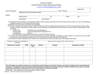 Document preview: Form 200-00331 Criminal Record Check Request and Reply - Vermont