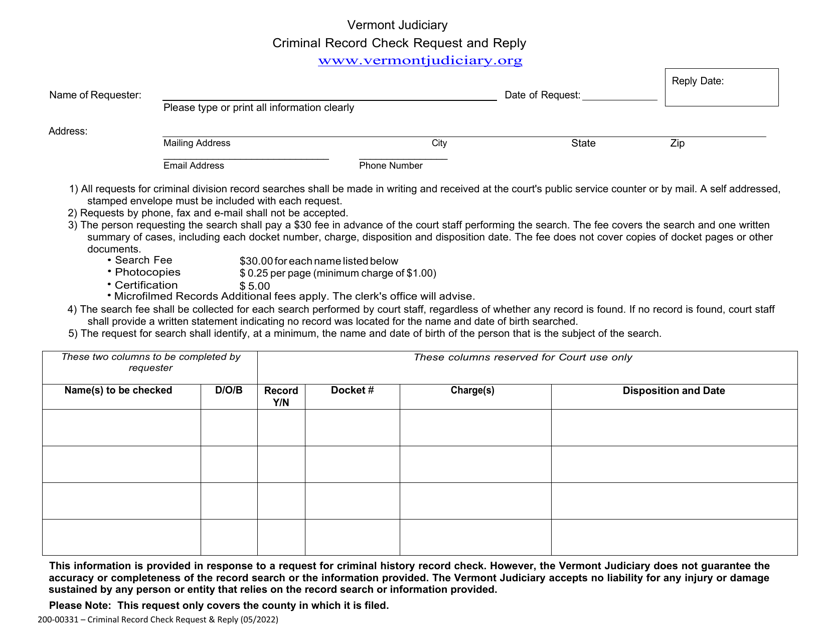 Form 200-00331 Criminal Record Check Request and Reply - Vermont