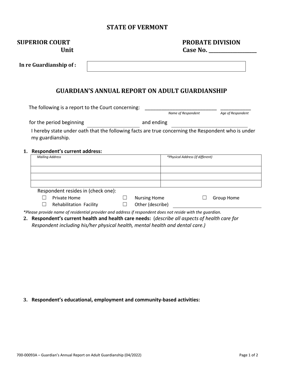 Form 700-00093A Guardians Annual Report on Adult Guardianship - Vermont, Page 1