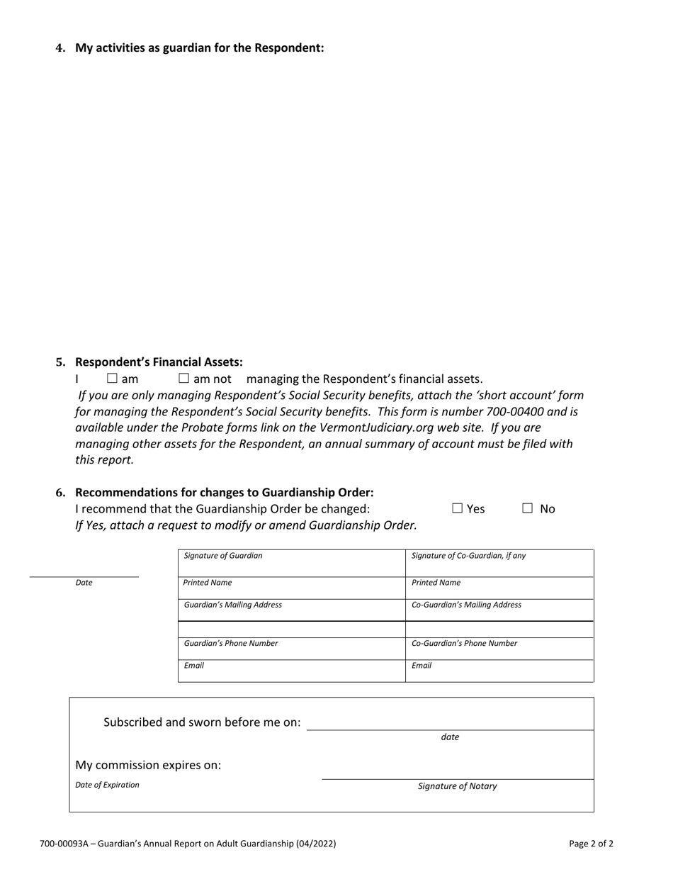 Form 700-00093A Guardians Annual Report on Adult Guardianship - Vermont, Page 2