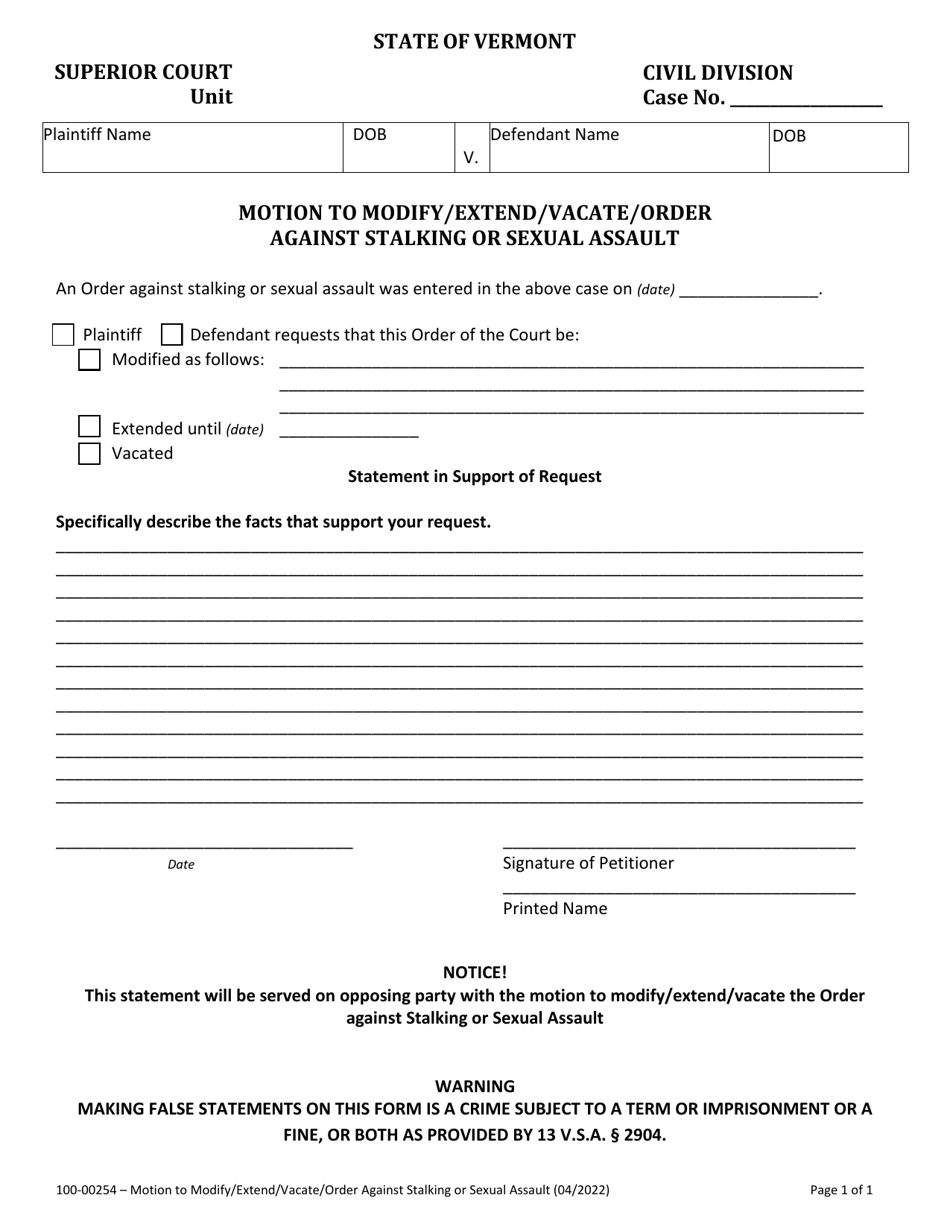 Form 100-00254 Motion to Modify / Extend / Vacate / Order Against Stalking or Sexual Assault - Vermont, Page 1