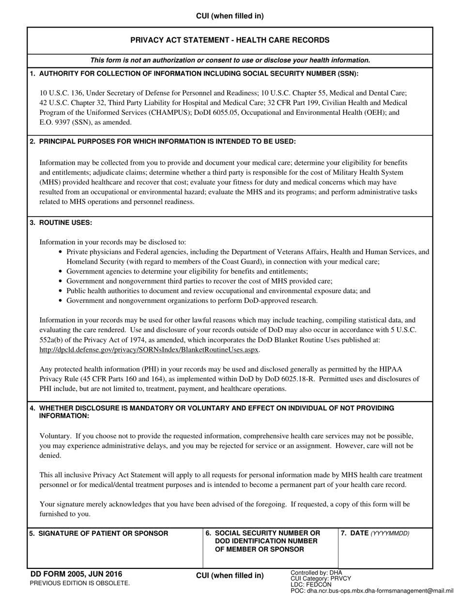 DD Form 2005 Privacy Act Statement - Health Care Records, Page 1