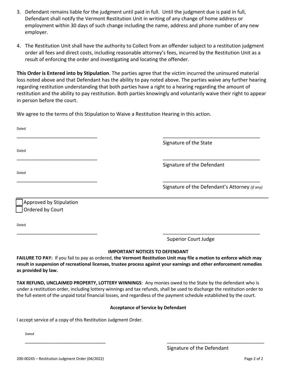 Form 200-00245 Restitution Judgment Order - Vermont, Page 2