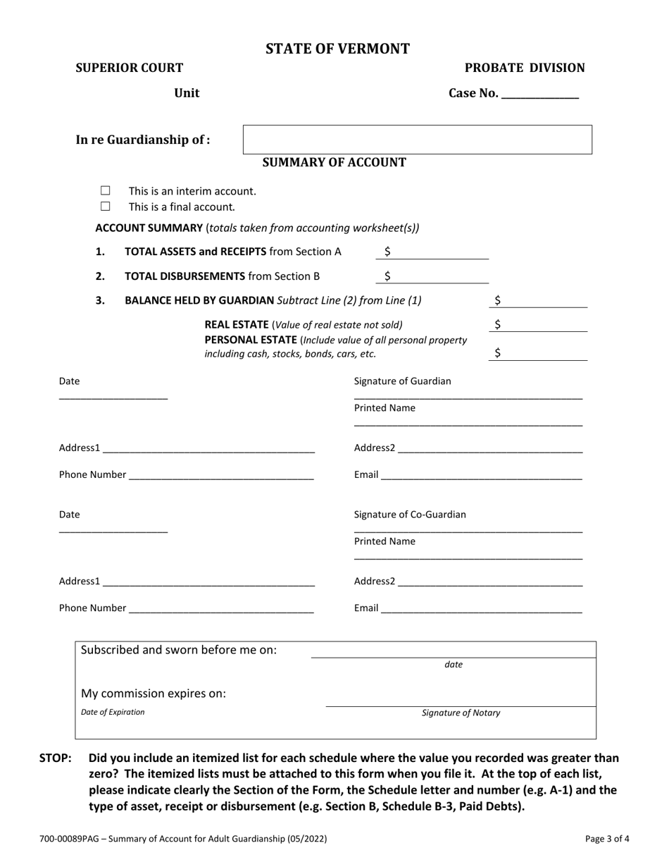 Form 700-00089PAG Summary of Account for Adult Guardianship - Vermont, Page 3