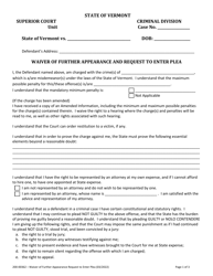 Document preview: Form 200-00362 Waiver of Further Appearance and Request to Enter Plea - Vermont