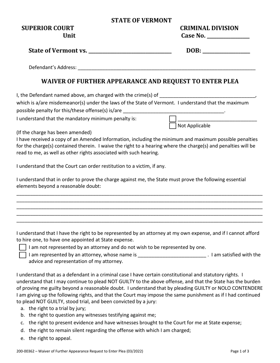 Form 200-00362 Waiver of Further Appearance and Request to Enter Plea - Vermont, Page 1