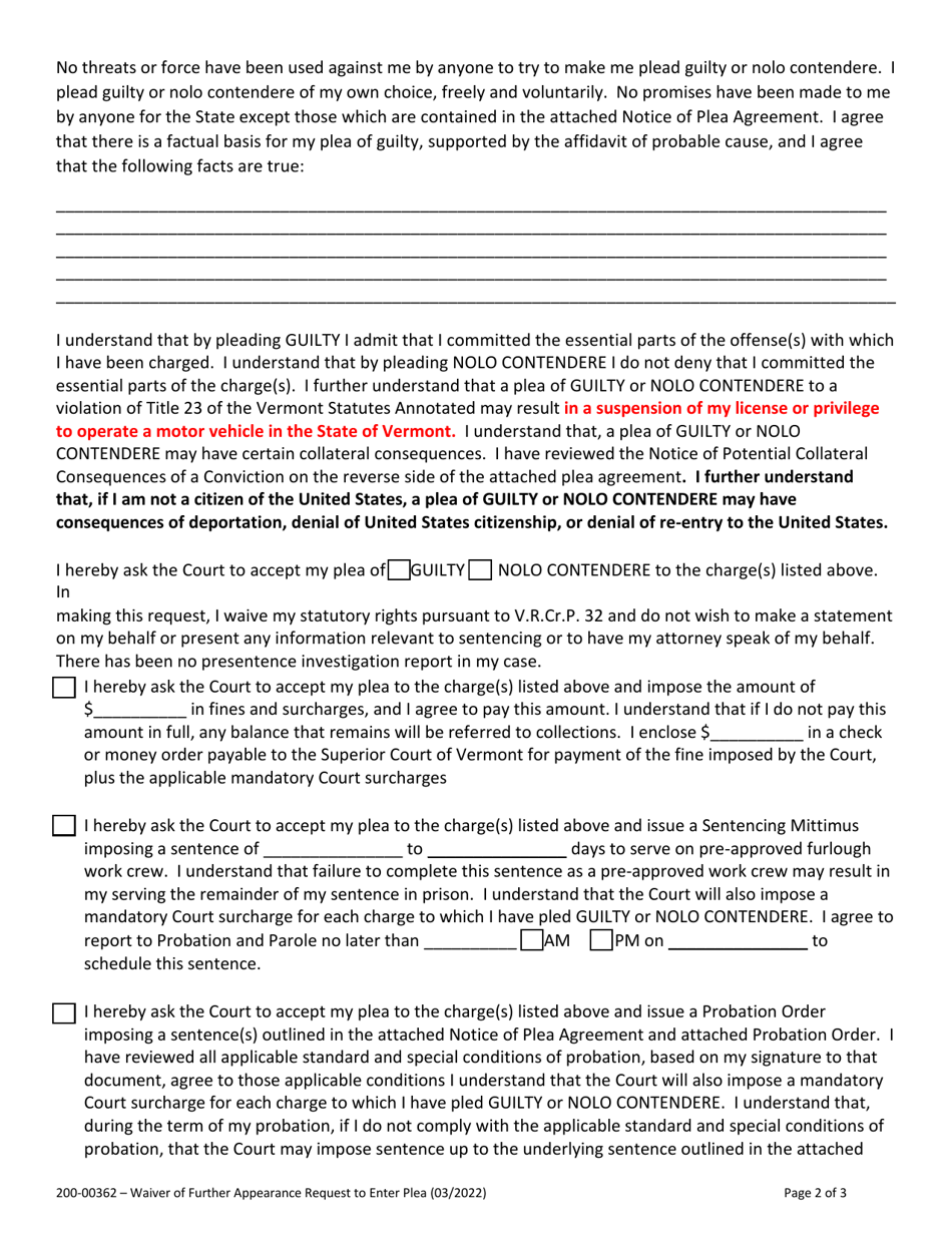 Form 200-00362 Waiver of Further Appearance and Request to Enter Plea - Vermont, Page 2