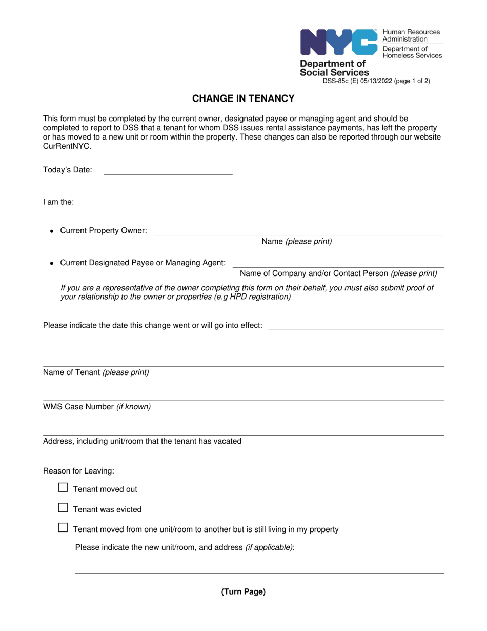 Form DSS-85C Change in Tenancy - New York City, Page 1