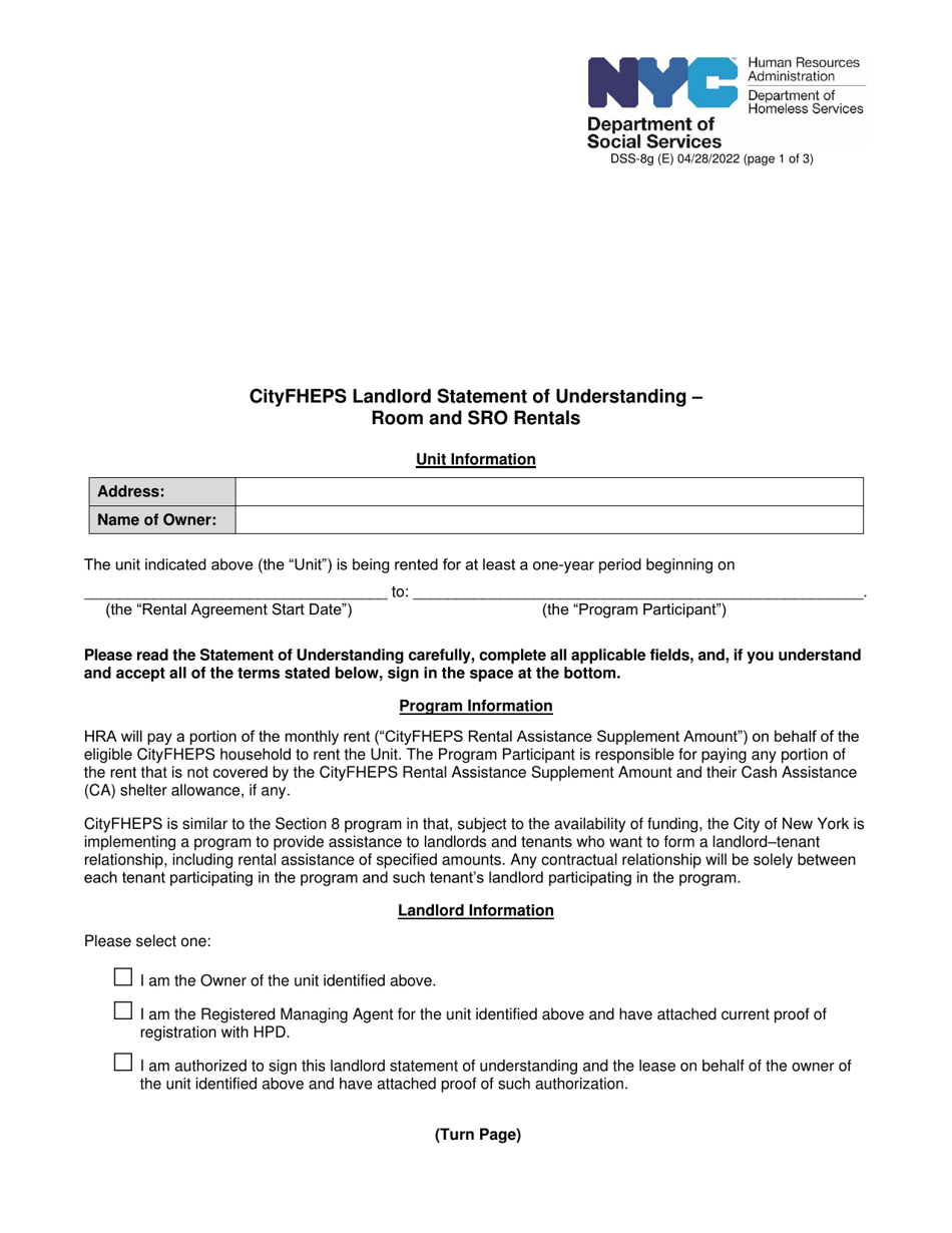 Form DSS-8G Cityfheps Landlord Statement of Understanding - Room and Sro Rentals - New York City, Page 1