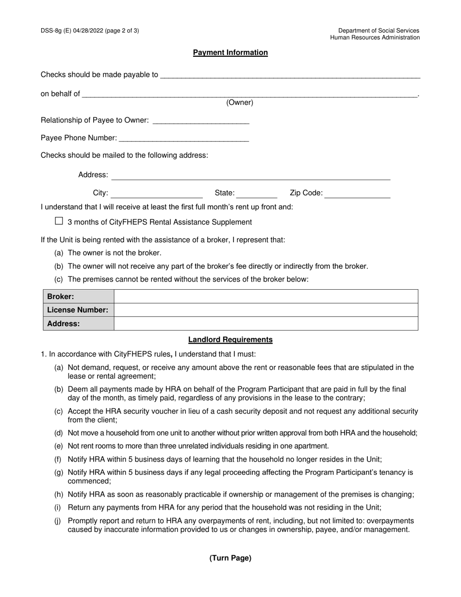 Form DSS-8G Download Printable PDF or Fill Online Cityfheps Landlord ...