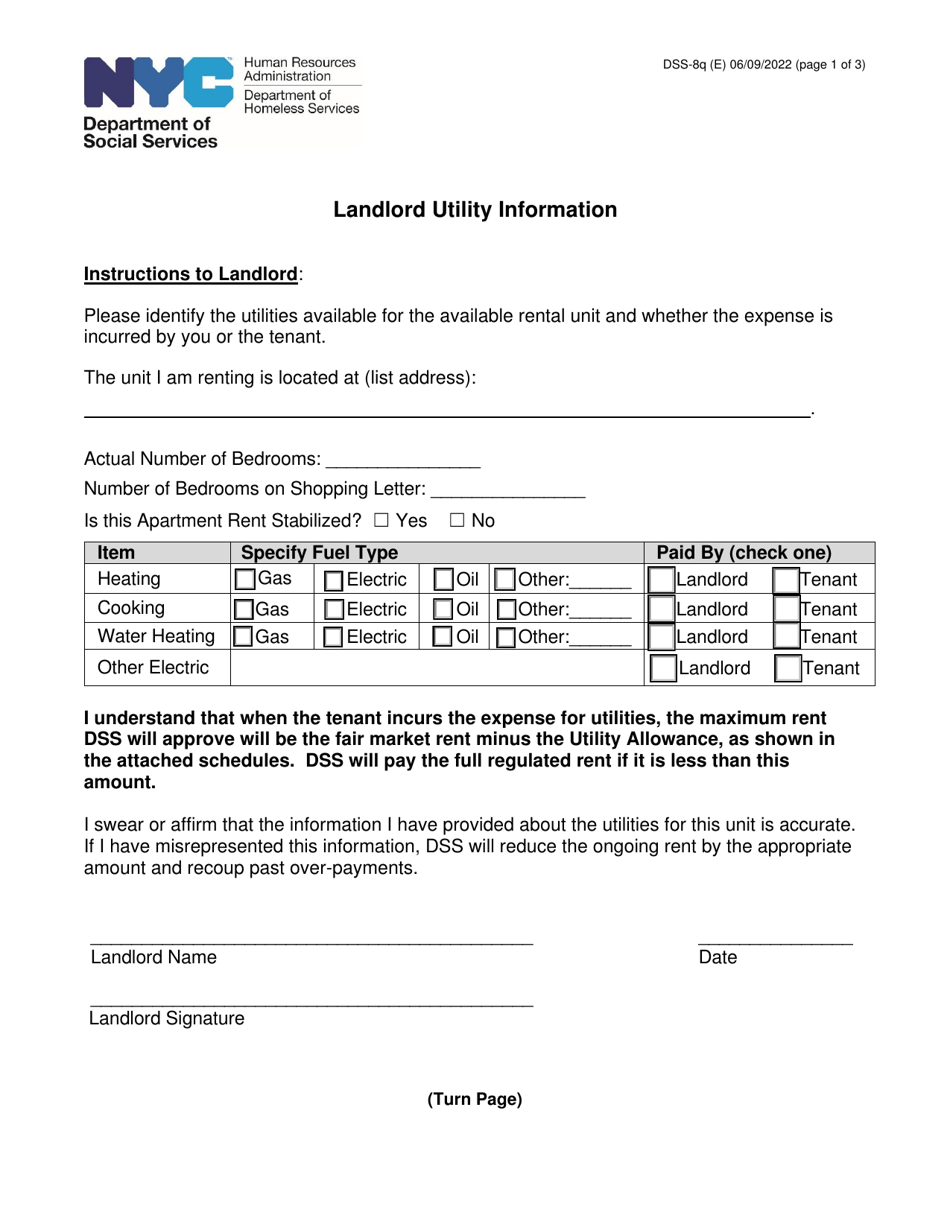 Form DSS-8Q Landlord Utility Information - New York City, Page 1