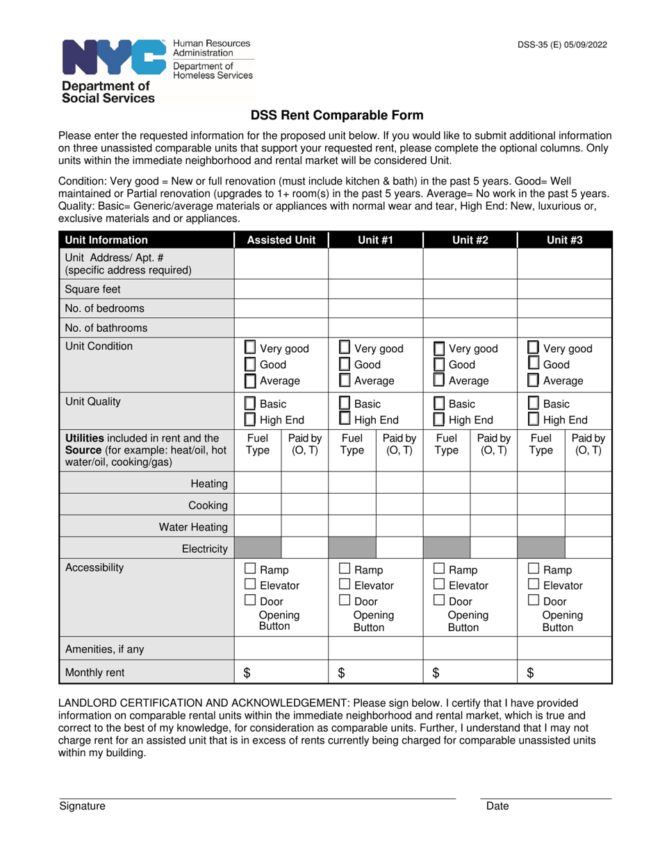 Form DSS-35 Dss Rent Comparable Form - New York City, Page 1