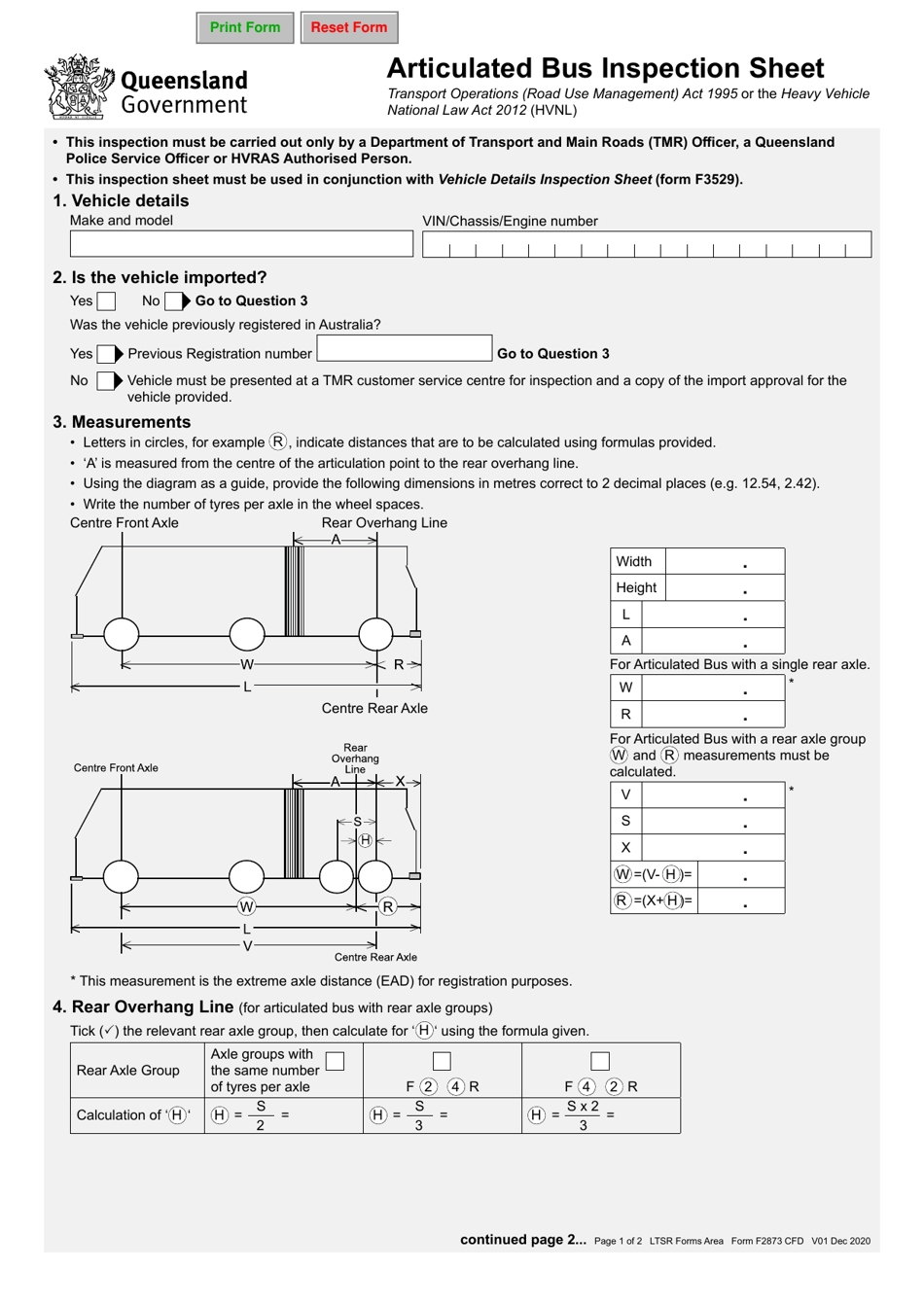Form F2873 Articulated Bus Inspection Sheet - Queensland, Australia, Page 1