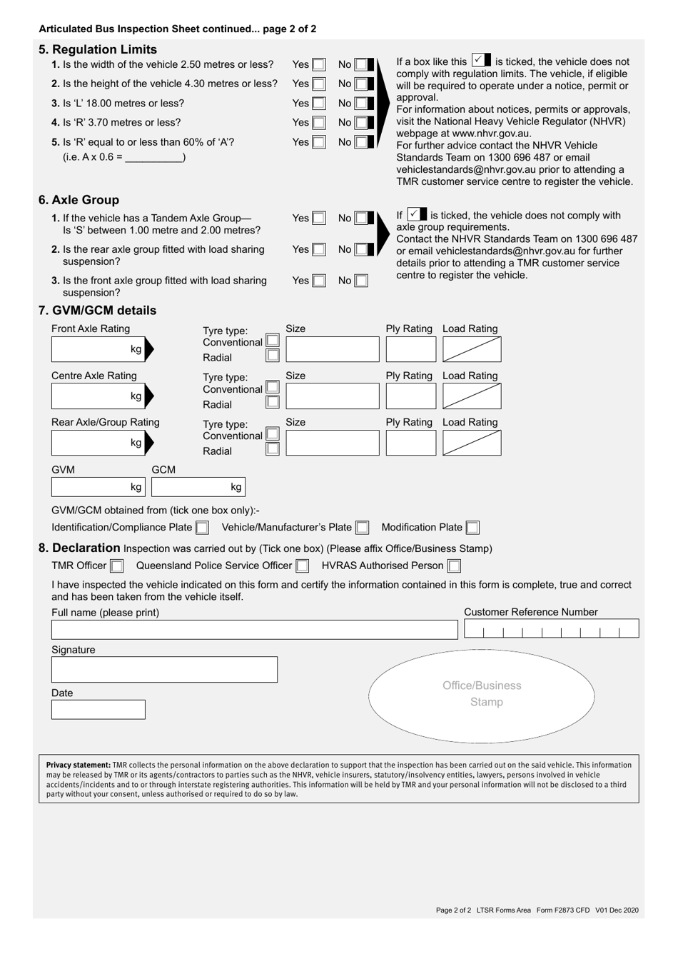 Form F2873 Articulated Bus Inspection Sheet - Queensland, Australia, Page 2