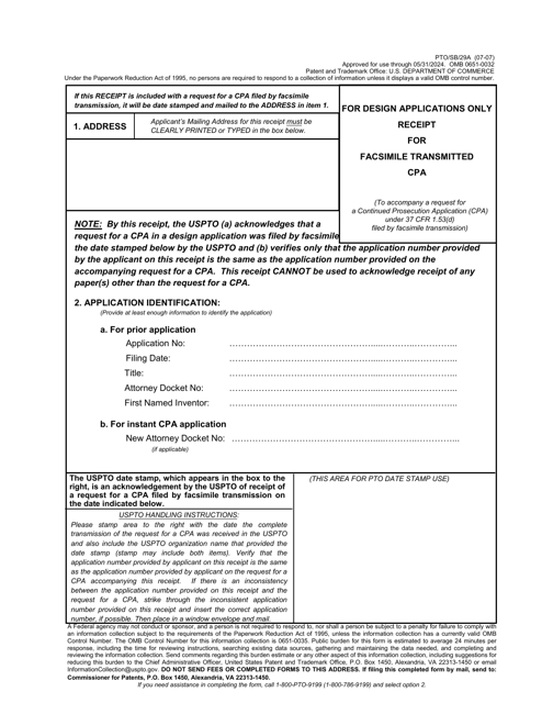 Form PTO/SB/29A For Design Applications Only Receipt for Facsimile Transmitted Cpa