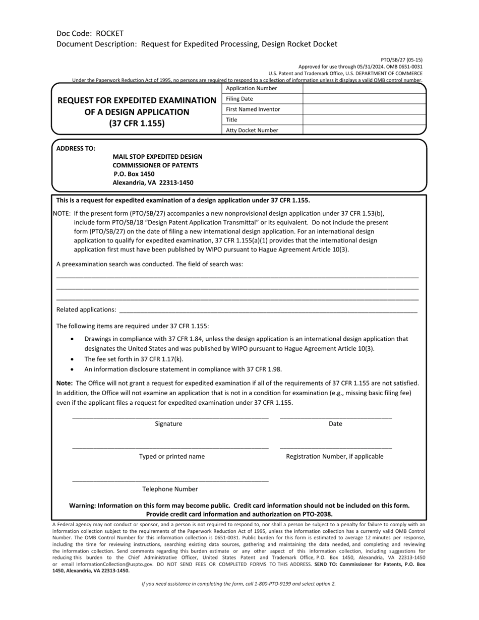 Form PTO / SB / 27 Request for Expedited Examination of a Design Application (37 Cfr 1.155), Page 1